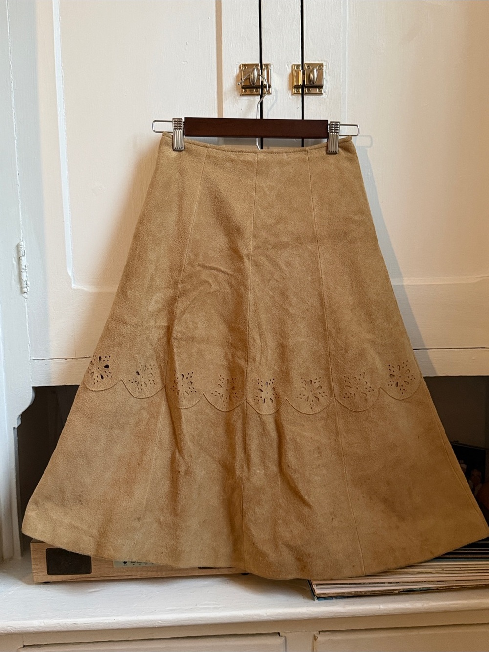 Vintage Tan Deer Suede A-Line Midi Skirt